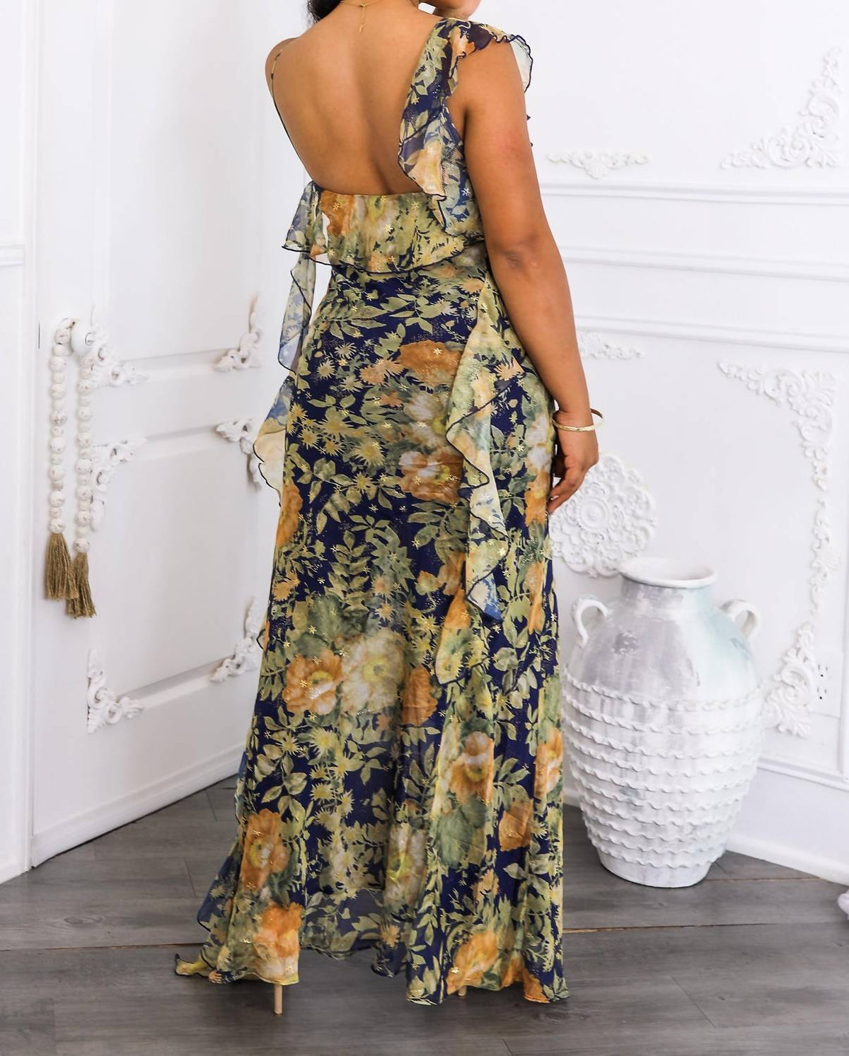 Surelymine - Floral Ruffle Maxi Dress with Slit