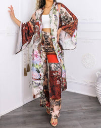 Surelymine - Golden Hour Boho Luxe Kimono Set Printed Duster & Wide-leg Pants