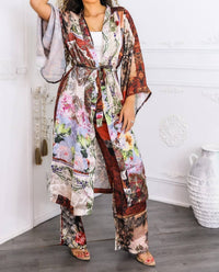Surelymine - Golden Hour Boho Luxe Kimono Set Printed Duster & Wide-leg Pants