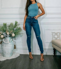 Surelymine - Just a Little Knee Cut High Waisted Great Stretch Jeans