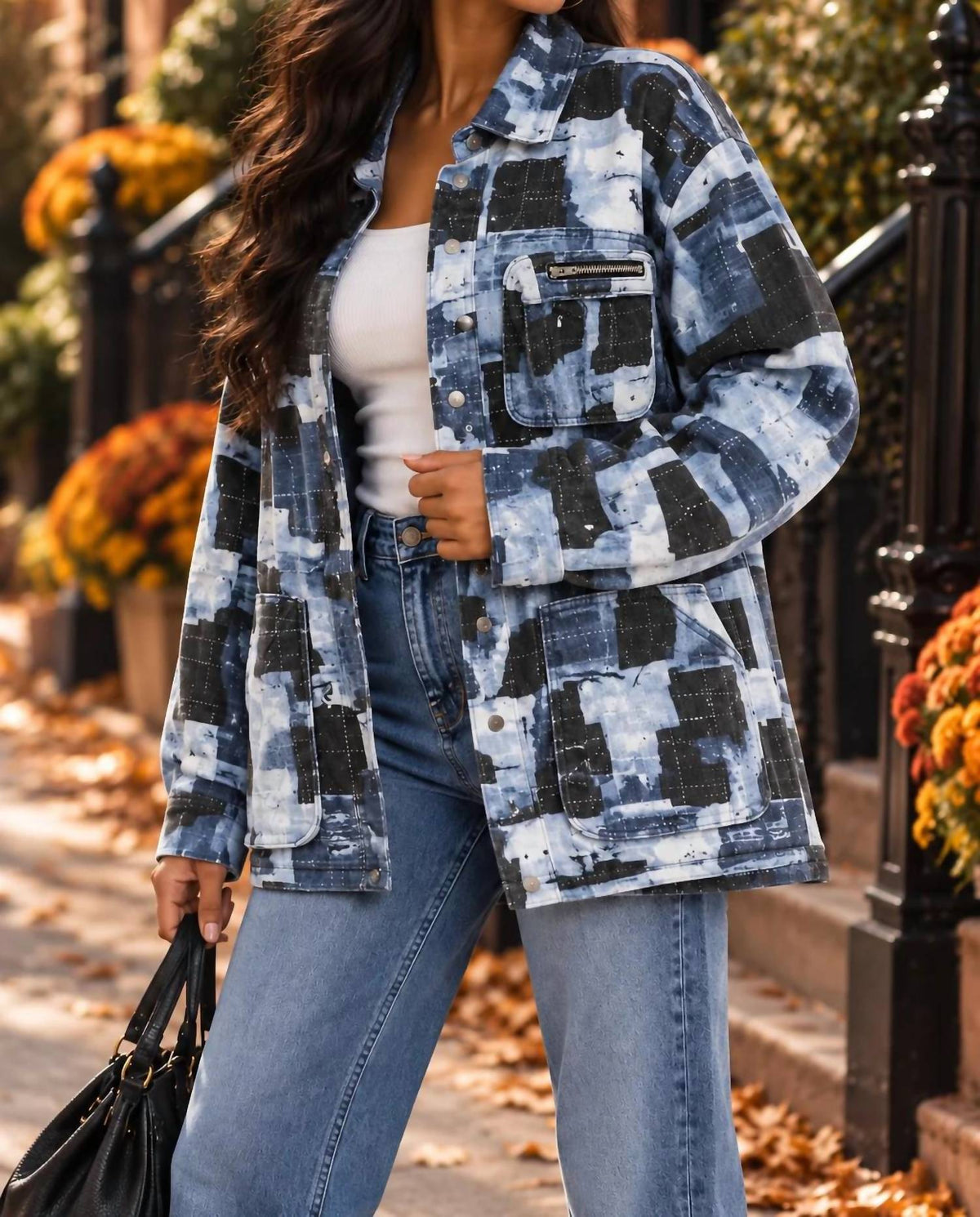 Surelymine - Mosaic Muse Patchwork Print Denim Shacket