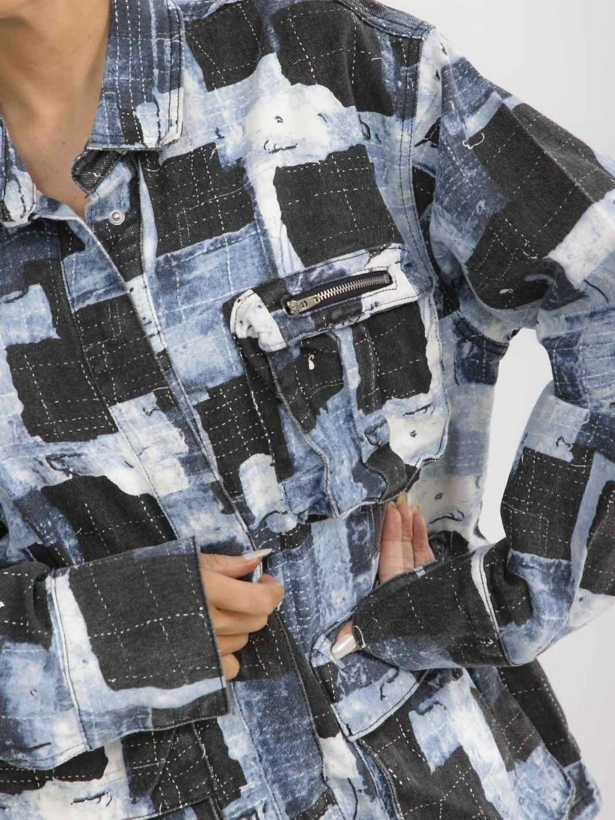 Surelymine - Mosaic Muse Patchwork Print Denim Shacket