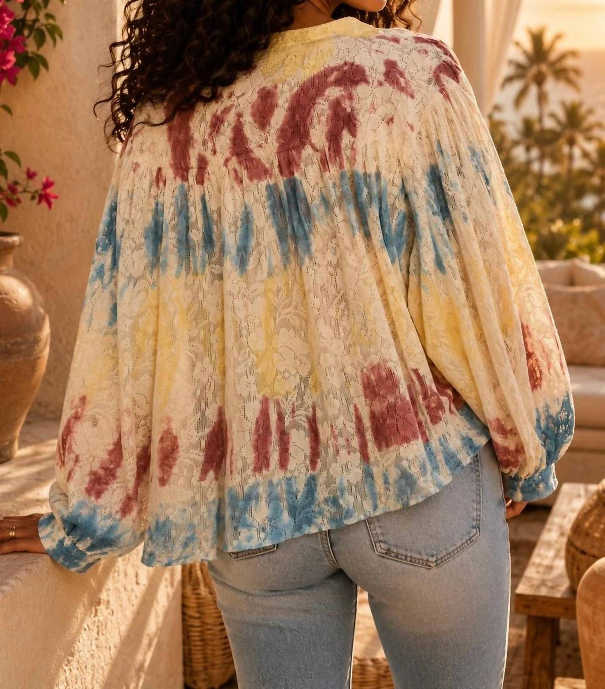 Surelymine - Painted Skies Lace Long Sleeve Blouse