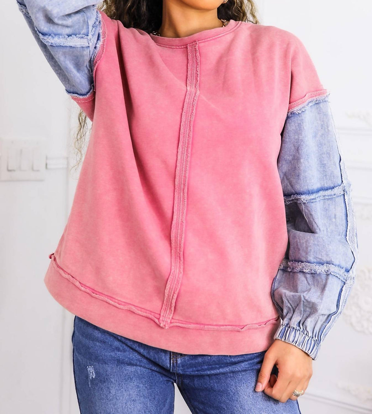 Surelymine - Pink Denim Patch Sleeve Sweatshirt