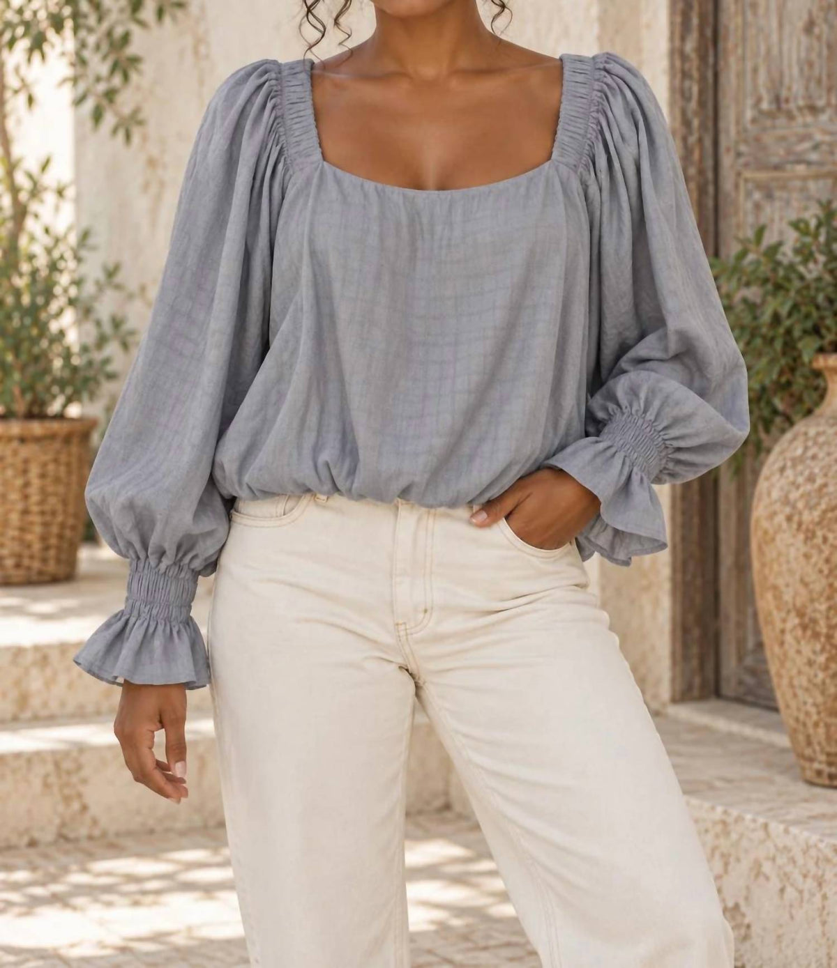 Surelymine - Square Neck Balloon Sleeve Boho Top