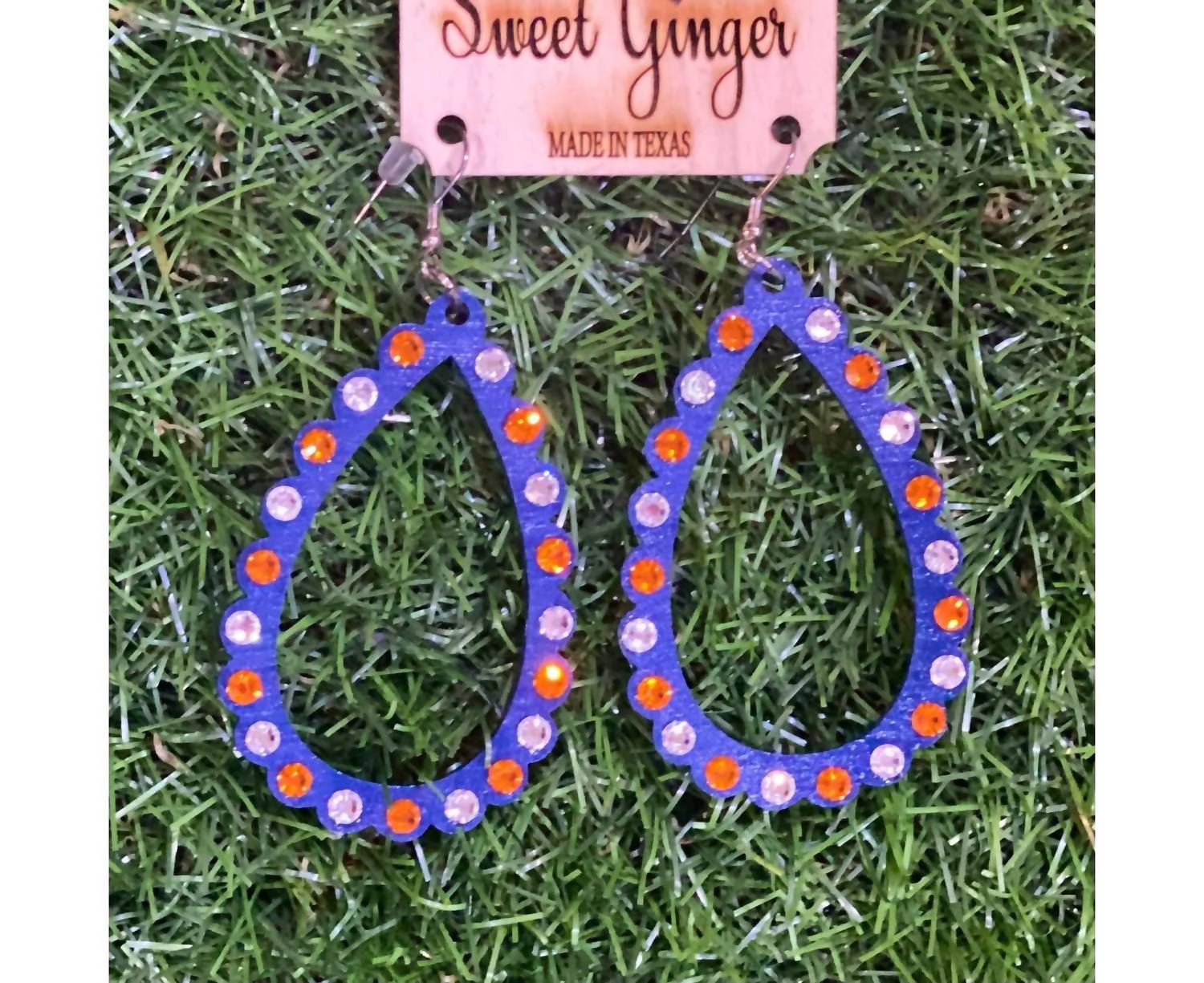 Sweet Ginger - Women's Astros Teardrop Scalloped Wood Earrings With Orange & Clear Rhinestones - blue - earrings - jewelry