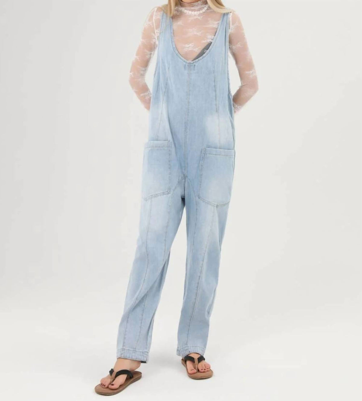 Sweetkama - Denim Adjustable Shoulder High Roller Jumpsuit