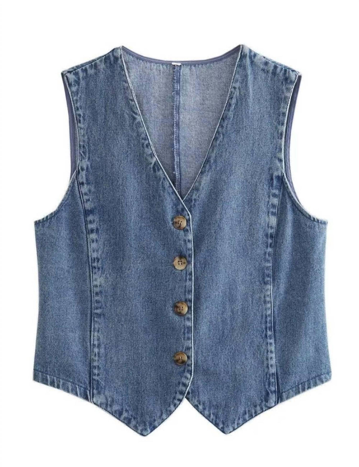 Sweetkama - Denim Solid V Neck Vest