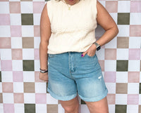 Sweetkama - High Waist Folded Hem Denim Short
