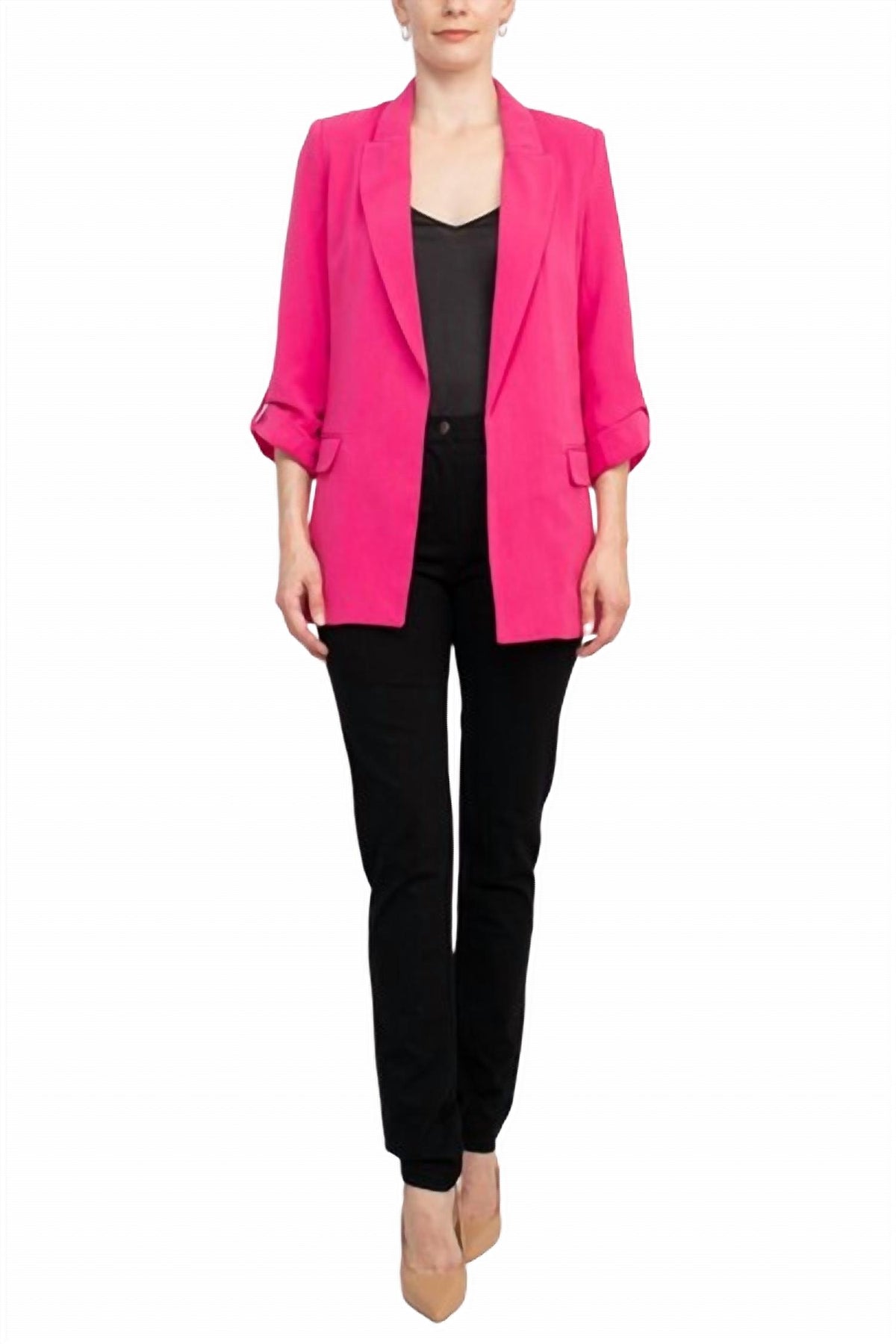 T Tahari - Lapel Collar Open Front Woven Blazer