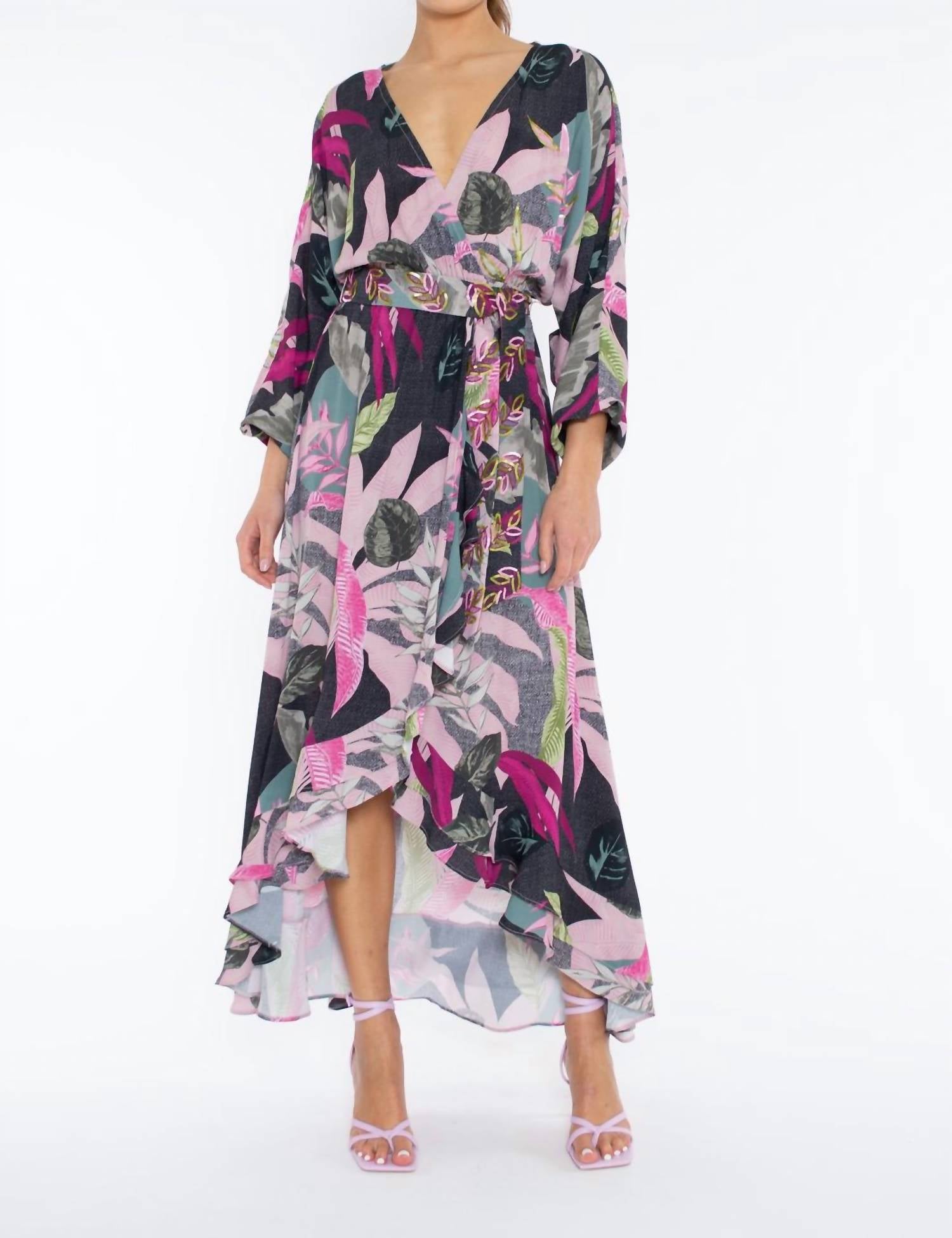 Taj By Sabrina Crippa - Leaf Belted Hi - lo Dress - black - clothing - dresses