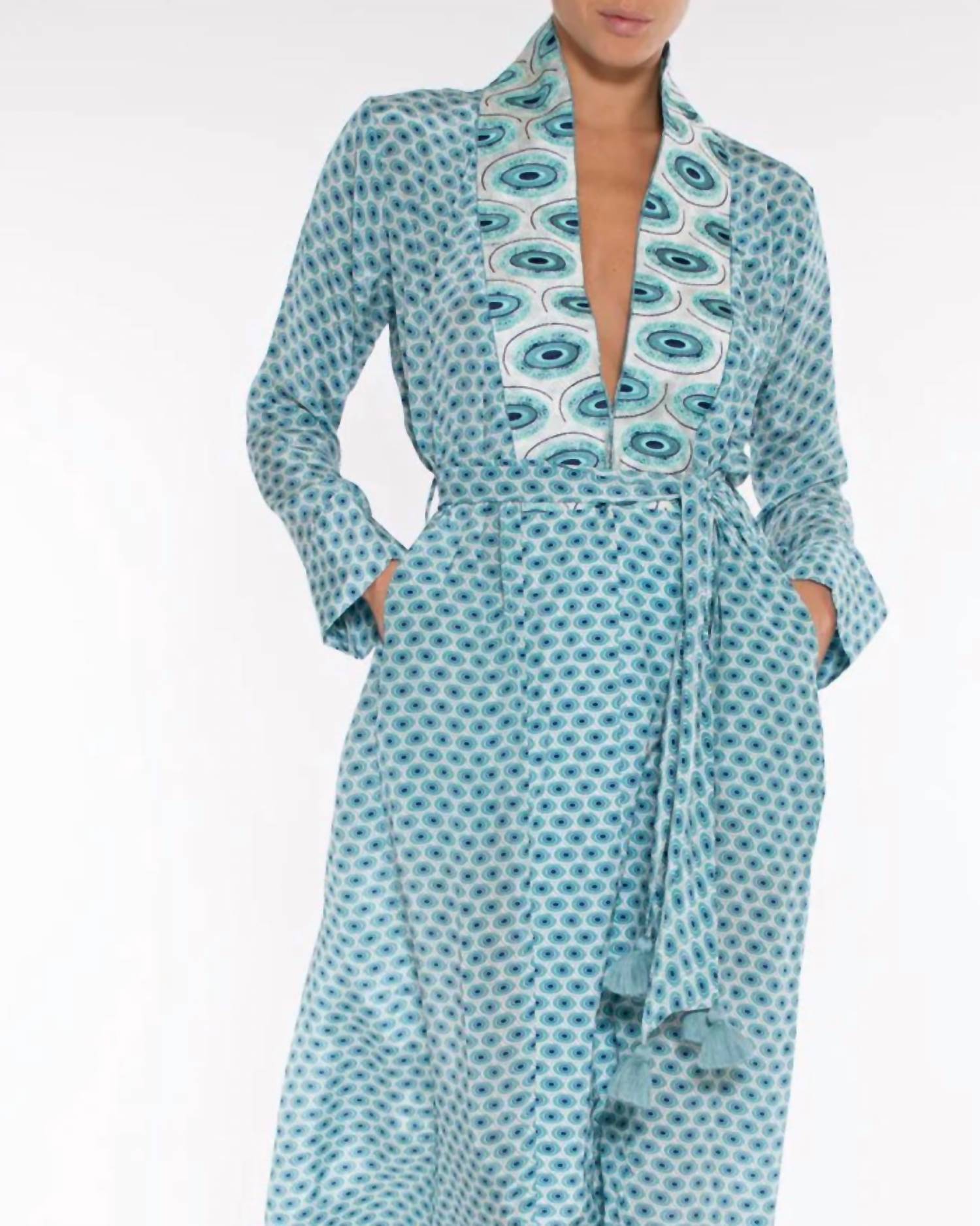 Taj By Sabrina Crippa - Peacock Resort Dress With Tassel Belt - blue - clothing - dresses