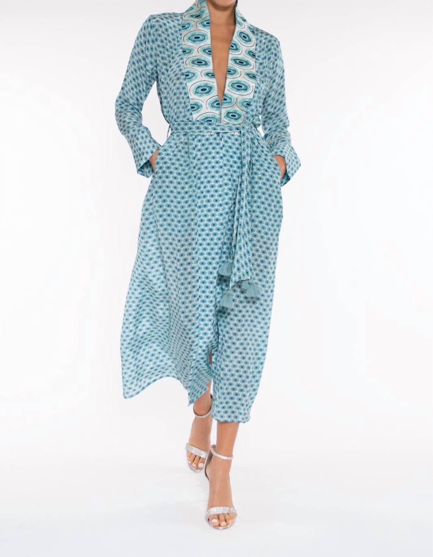 Taj By Sabrina Crippa - Peacock Resort Dress With Tassel Belt - blue - clothing - dresses