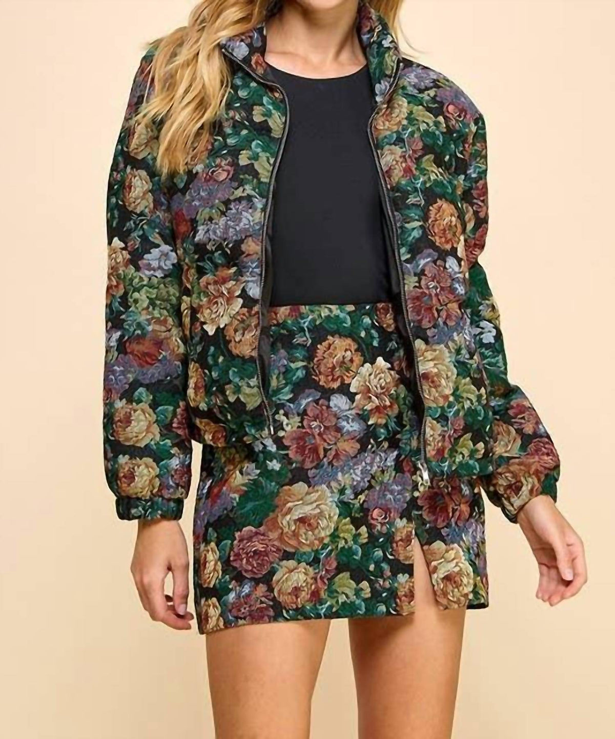 Tcec - Corduroy Floral Printed Puffer Jacket