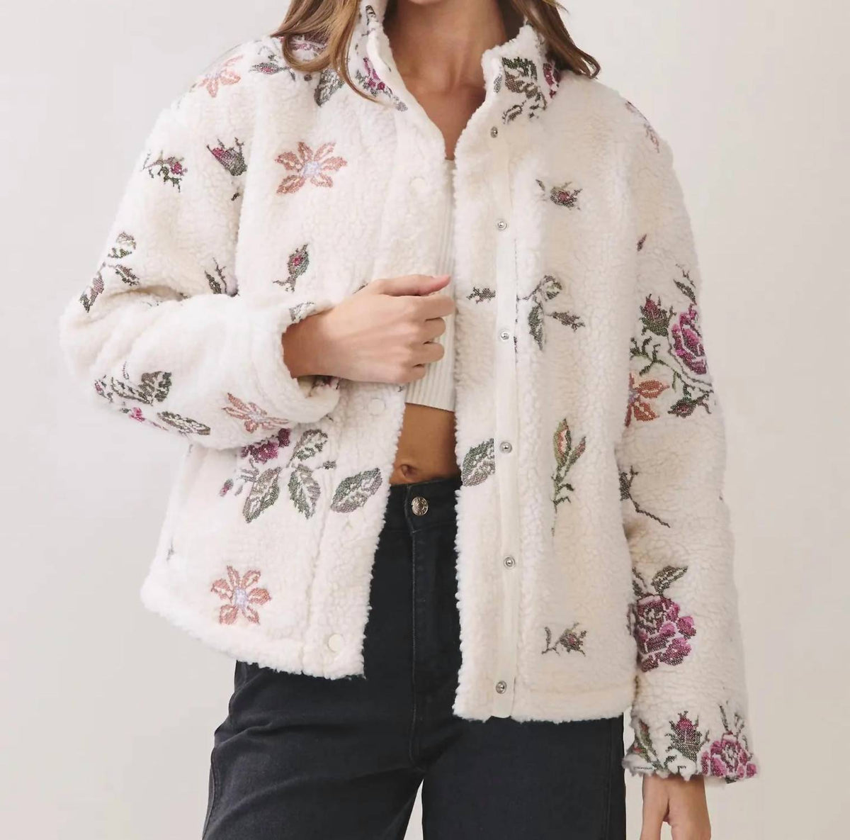 Tcec - Floral Embroidered Sherpa Jacket