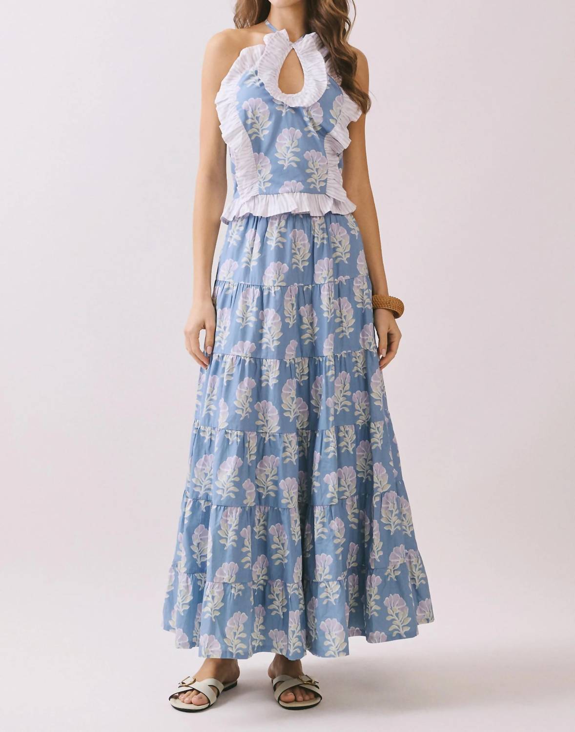 Tcec - Floral Print Ruffle Keyhole Top