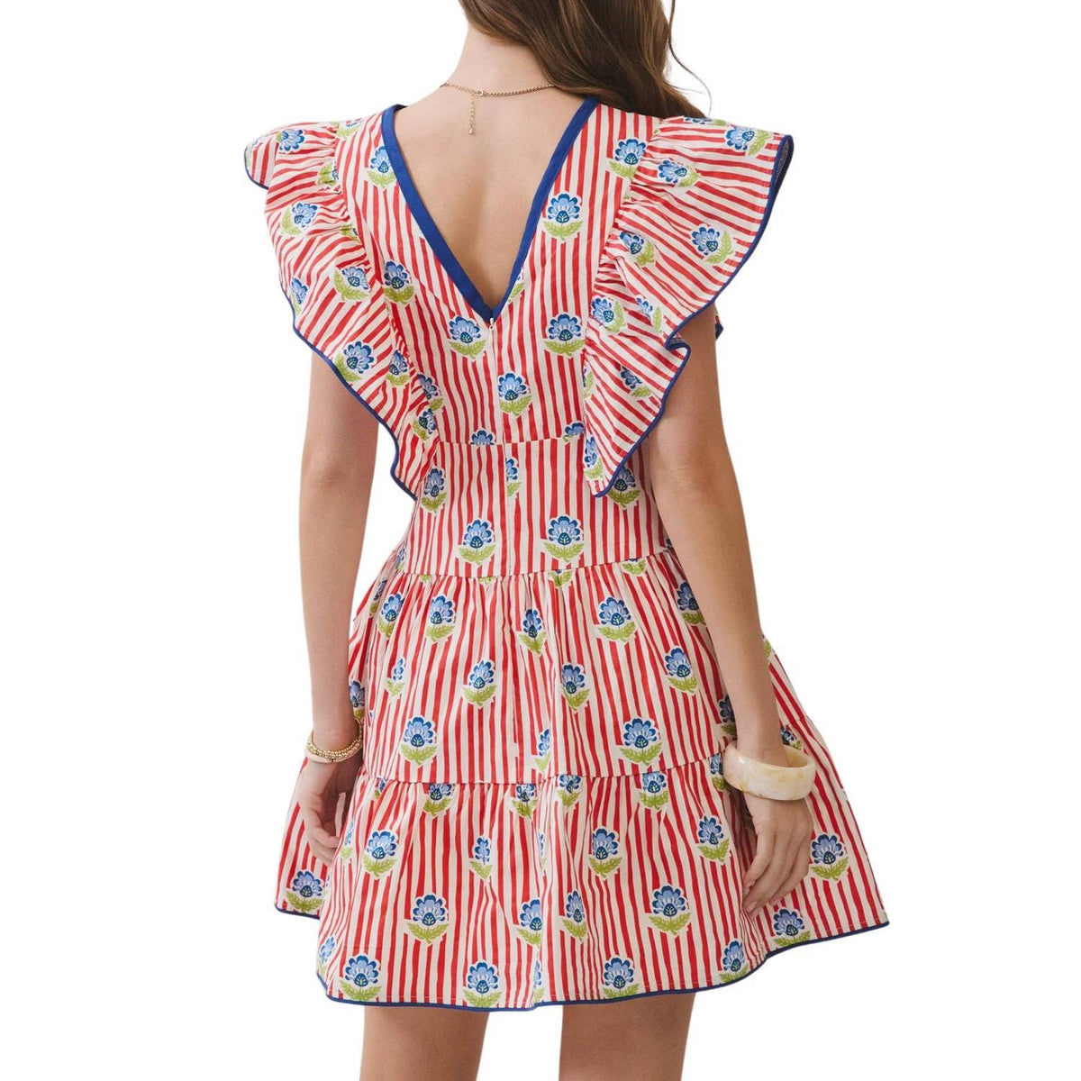 Tcec - Stripe Floral Print Ruffle Mini Dress