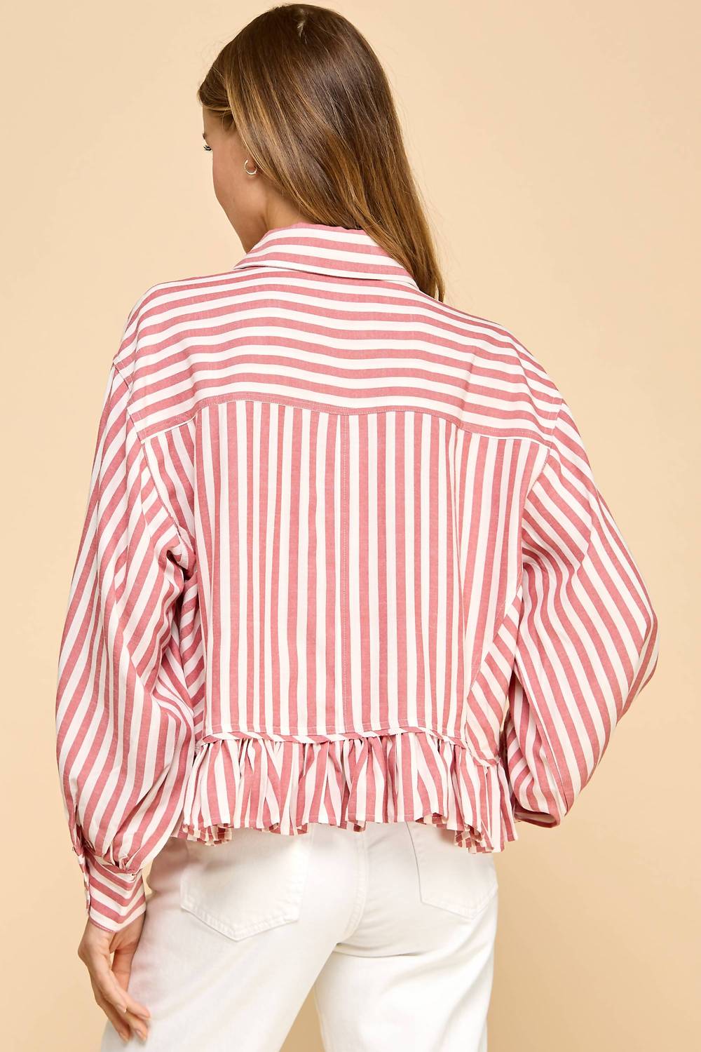 Tcec - Striped Button Up Ruffled Hem Shirt - button - down - shirts - clothing - red