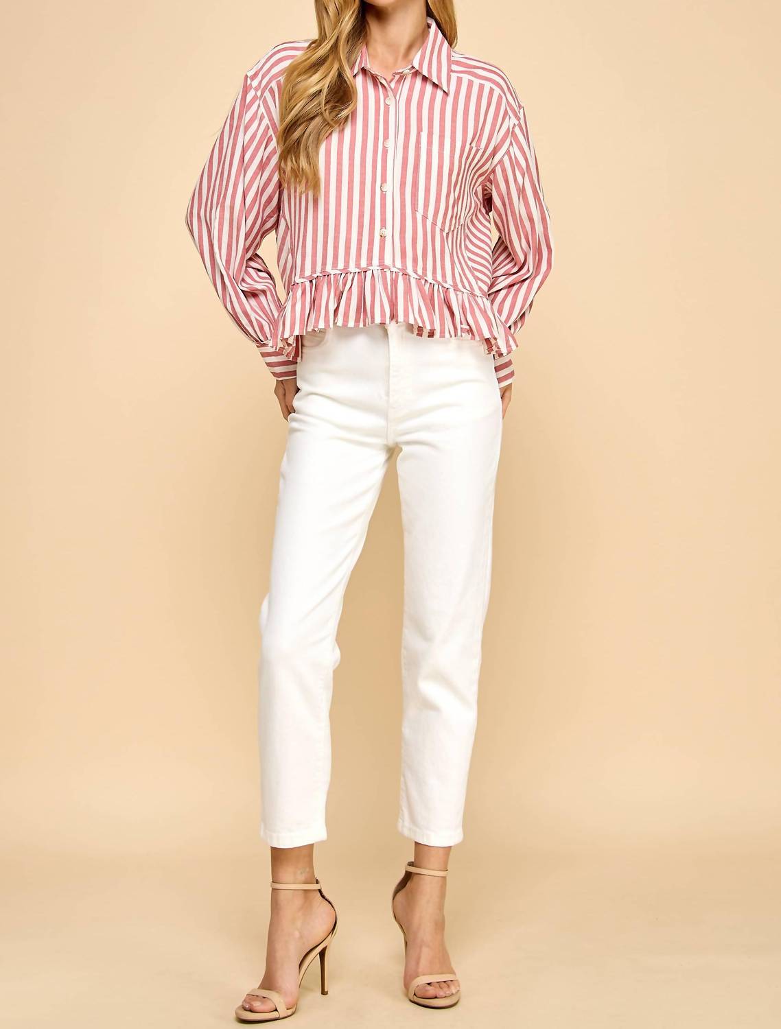 Tcec - Striped Button Up Ruffled Hem Shirt - button - down - shirts - clothing - red
