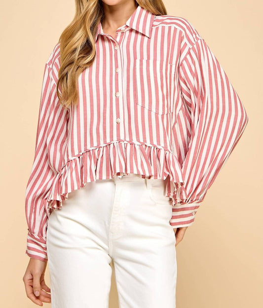 Tcec - Striped Button Up Ruffled Hem Shirt - button - down - shirts - clothing - red