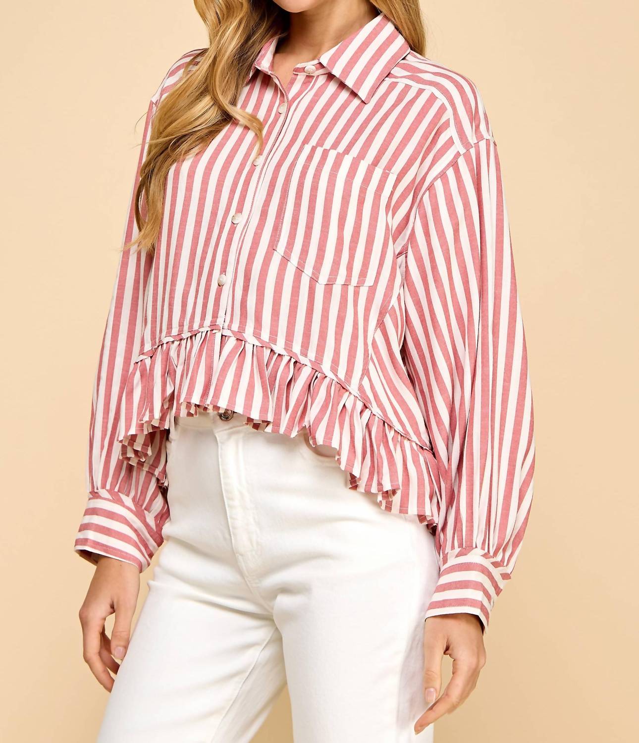 Tcec - Striped Button Up Ruffled Hem Shirt - button - down - shirts - clothing - red