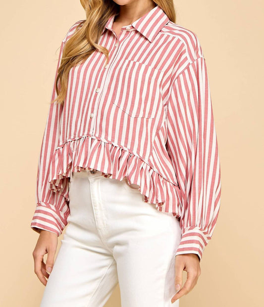 Tcec - Striped Button Up Ruffled Hem Shirt - button - down - shirts - clothing - red