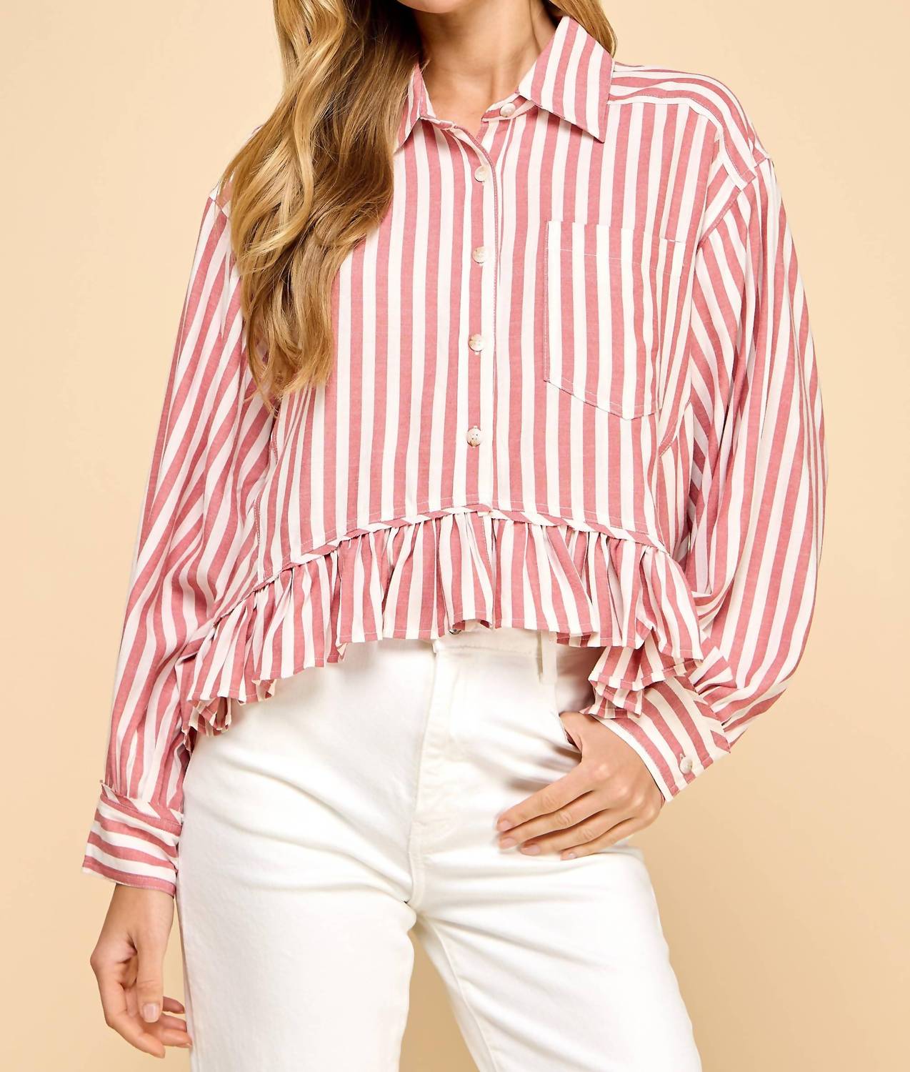 Tcec - Striped Button Up Ruffled Hem Shirt - button - down - shirts - clothing - red