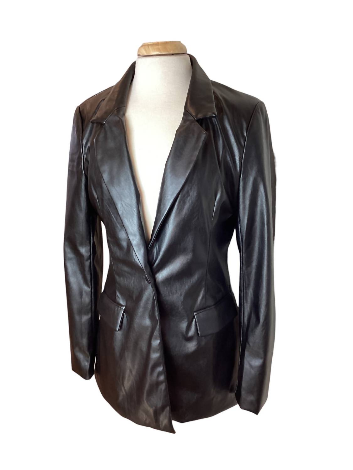Tea & Cup - Faux Leather Single Breasted Blazer