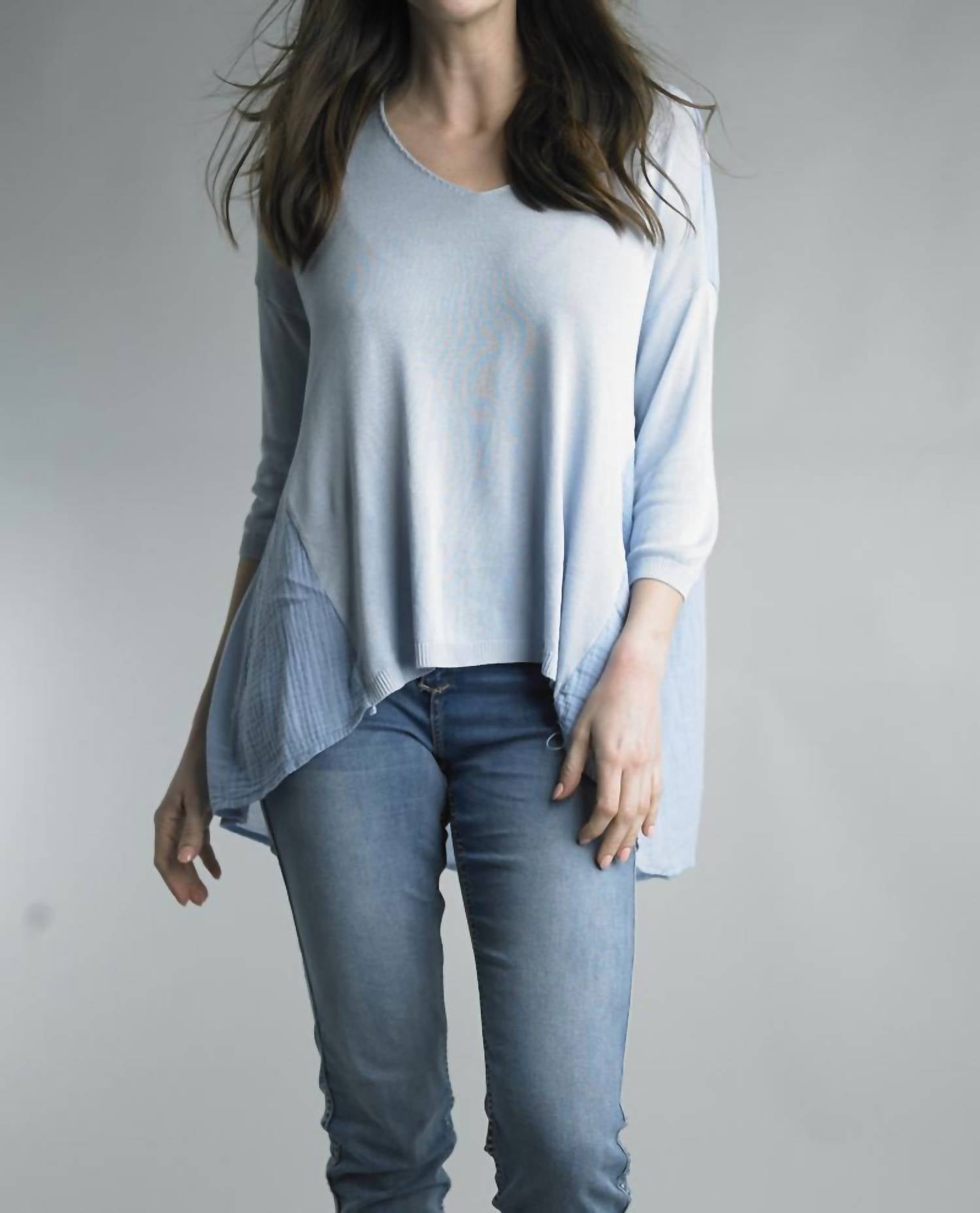 Tempo Paris - 3/4 Sleeve V Neck Top - blue - clothing - shirts