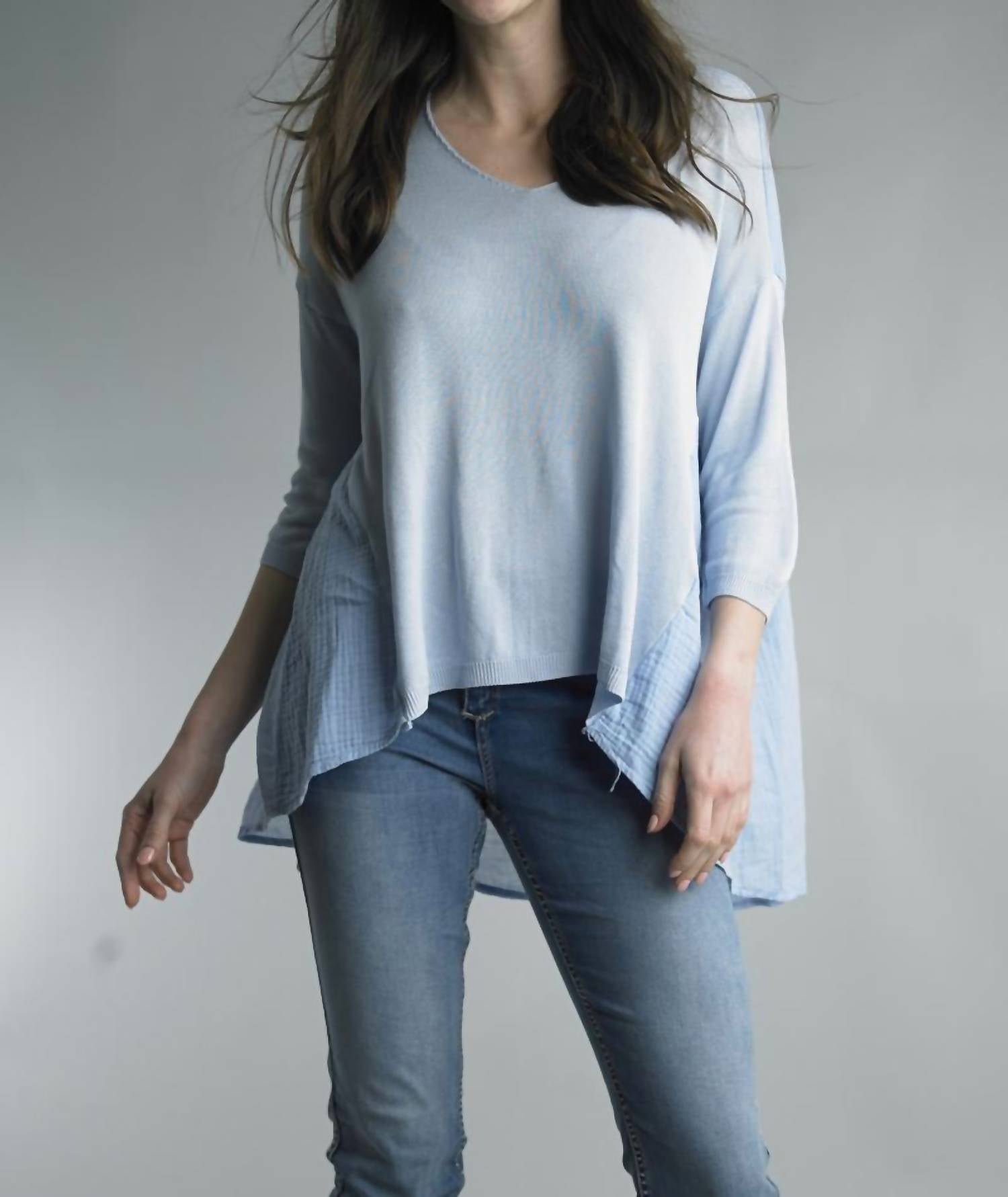 Tempo Paris - 3/4 Sleeve V Neck Top - blue - clothing - shirts