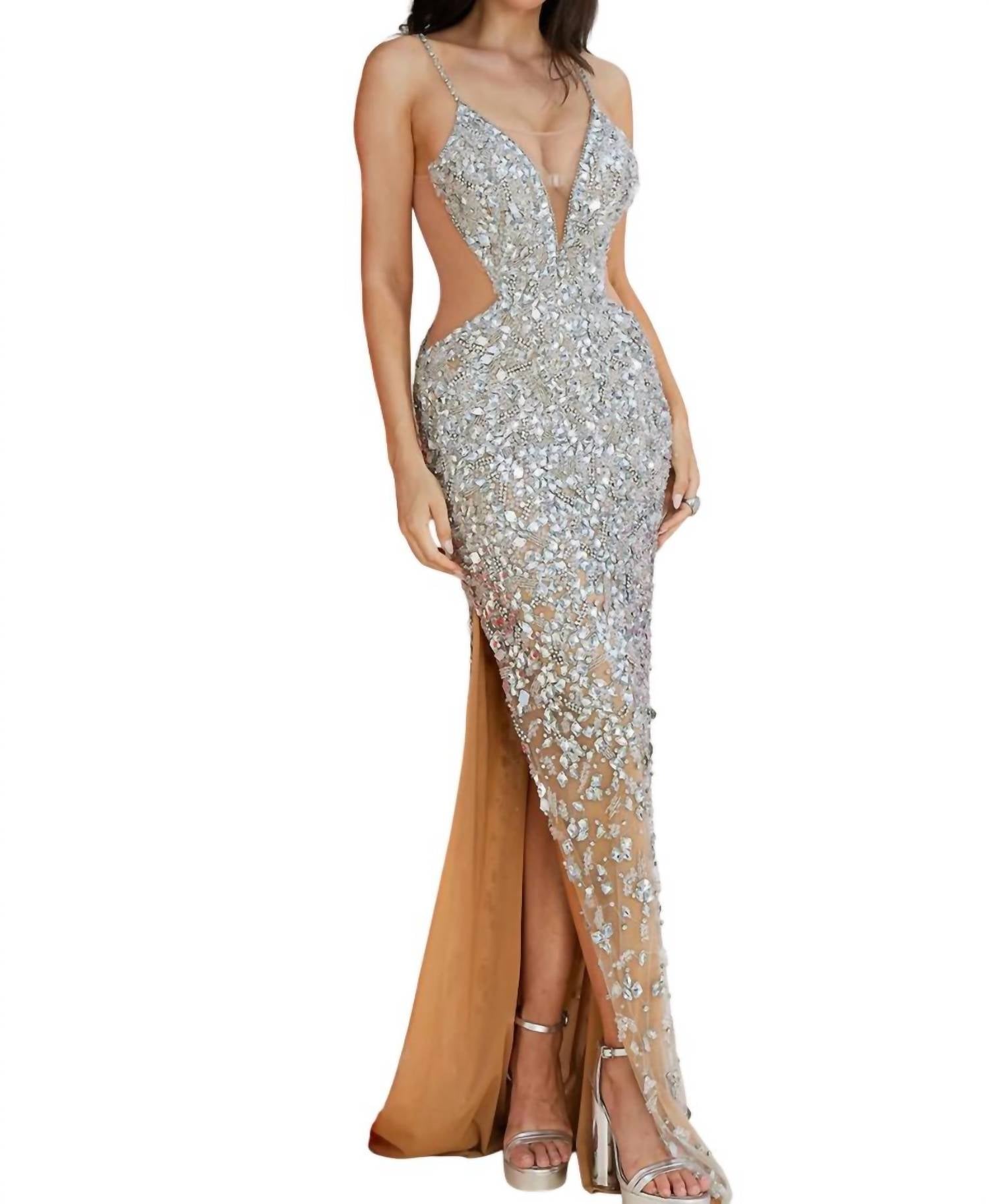 Terani Couture - Sleeveless Plunging Neckline Bodycon Tulle Long Prom Dress - clothing - dresses - patterned