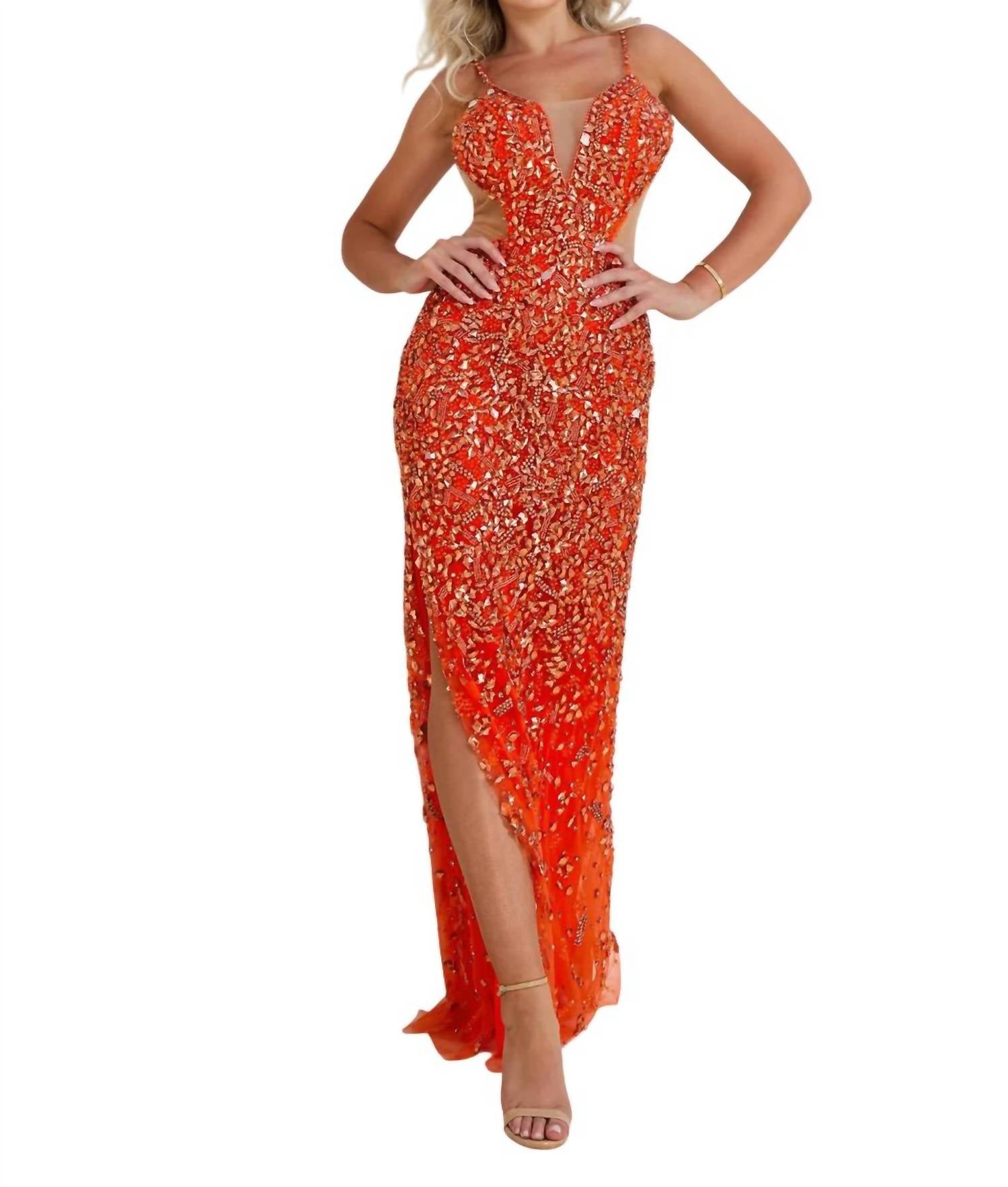 Terani Couture - Sleeveless Plunging Neckline Bodycon Tulle Long Prom Dress - clothing - dresses - orange