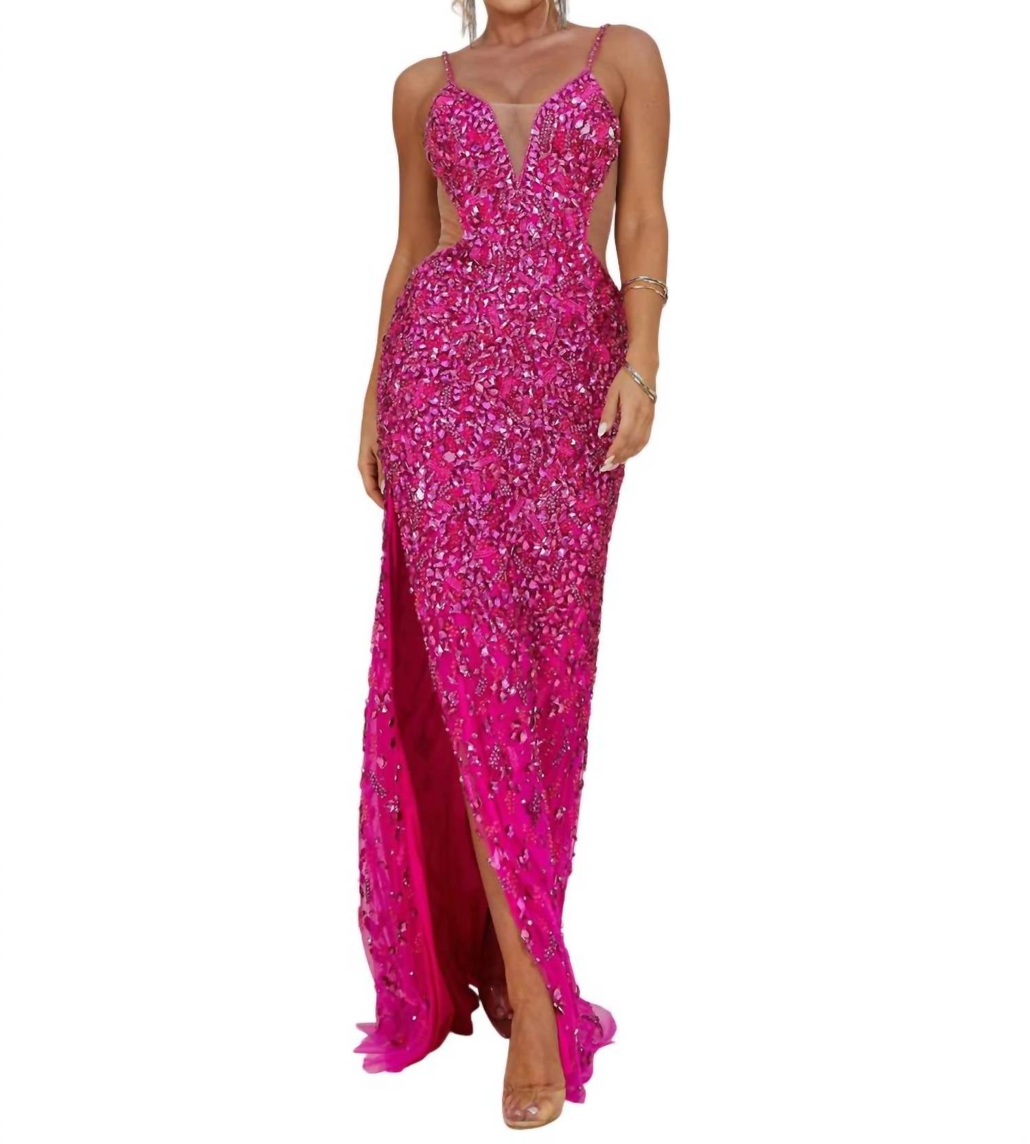 Terani Couture - Sleeveless Plunging Neckline Bodycon Tulle Long Prom Dress - clothing - dresses - patterned