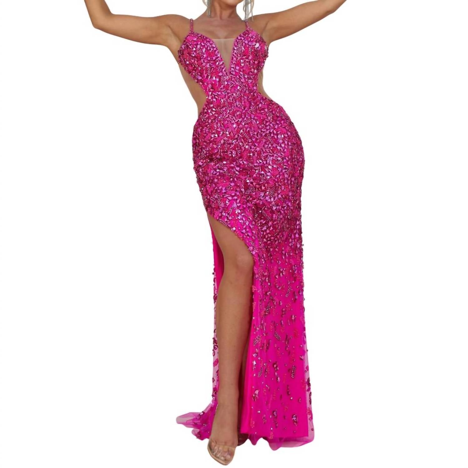 Terani Couture - Sleeveless Plunging Neckline Bodycon Tulle Long Prom Dress - clothing - dresses - patterned