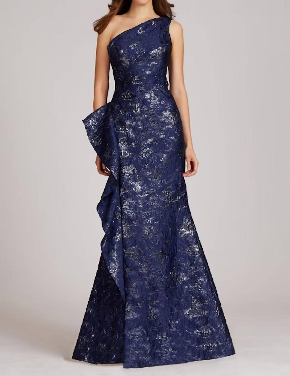 Teri Jon - Jacquard One Shoulder Side Ruffle Gown