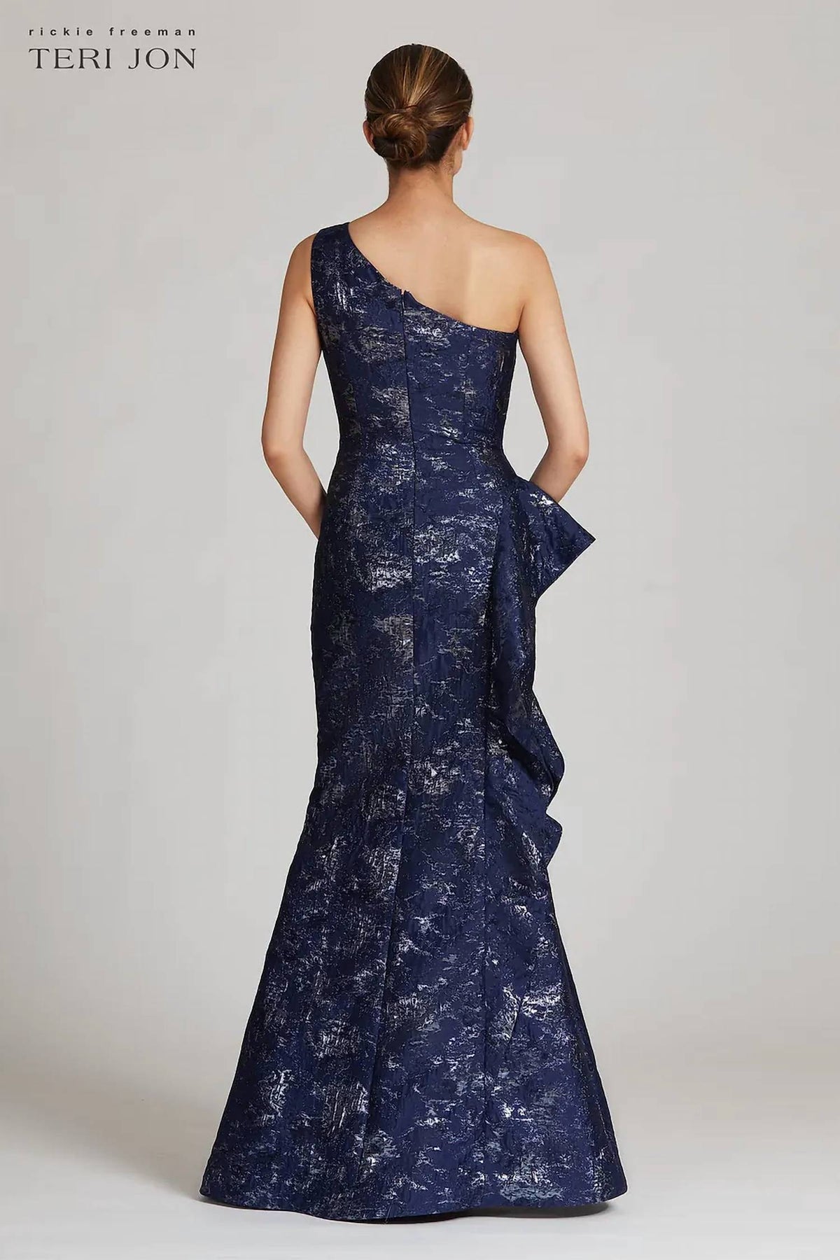 Teri Jon - Jacquard One Shoulder Side Ruffle Gown