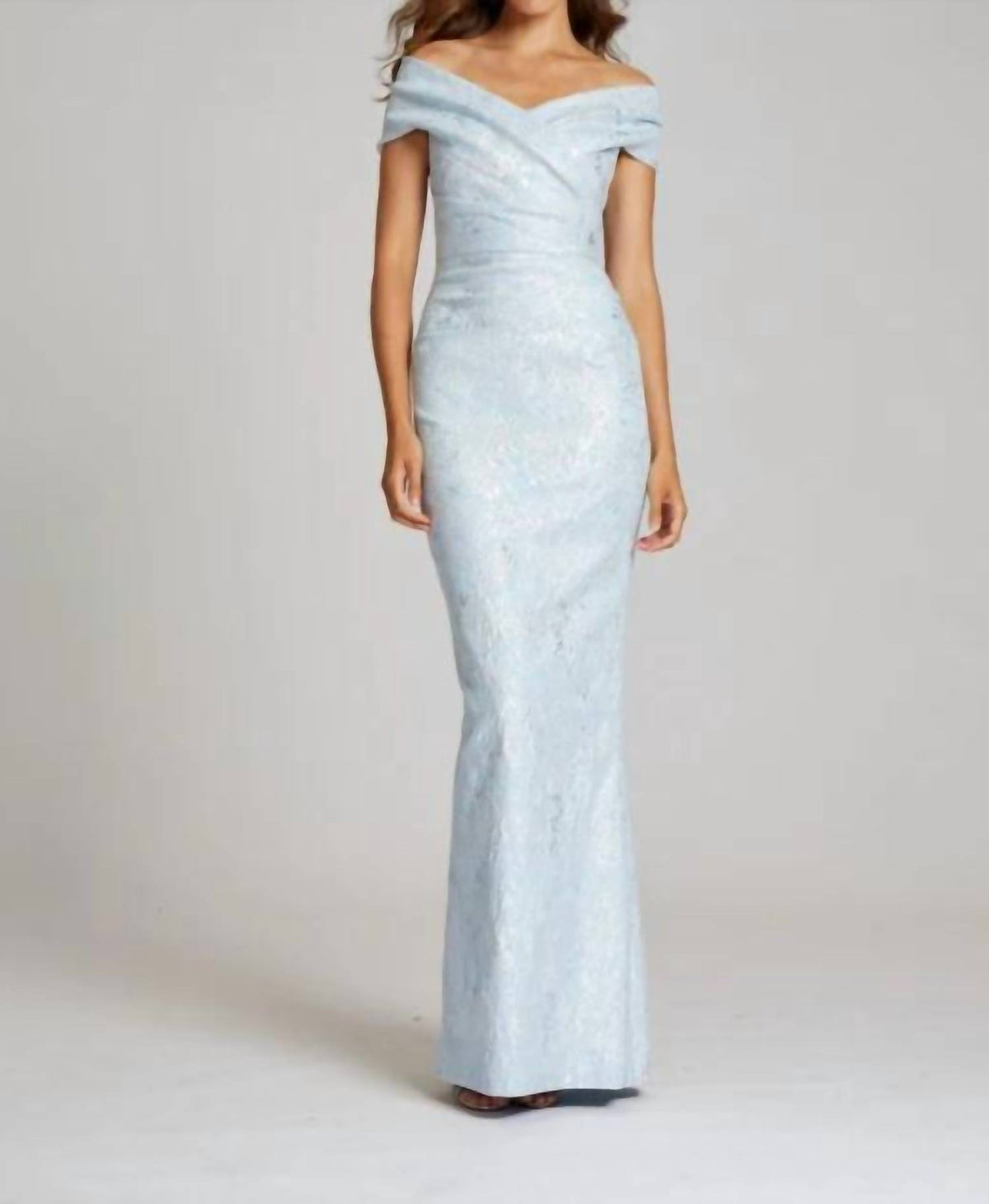 Teri Jon - Off Shoulder Stretch Metallic Jacquard Gown