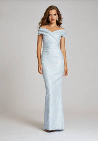 Teri Jon - Off Shoulder Stretch Metallic Jacquard Gown