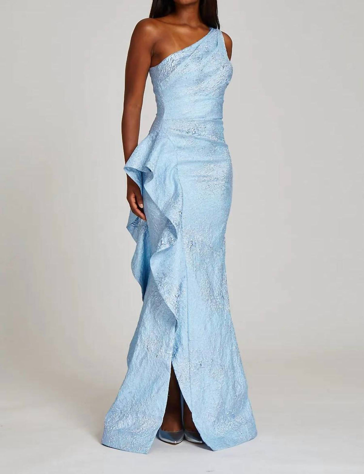 Teri Jon - One Shoulder Side Ruffle Gown