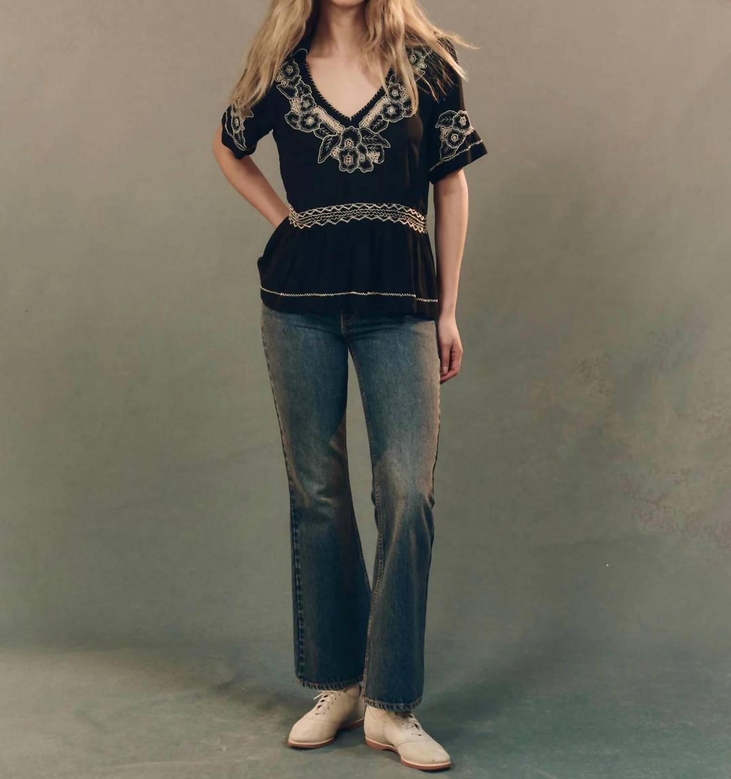 The Great. - Crest V Neck Short Sleeve Top - black - blouses - clothing