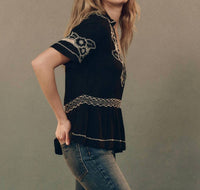 The Great. - Crest V Neck Short Sleeve Top - black - blouses - clothing