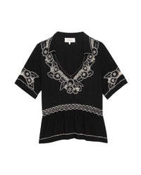 The Great. - Crest V Neck Short Sleeve Top - black - blouses - clothing