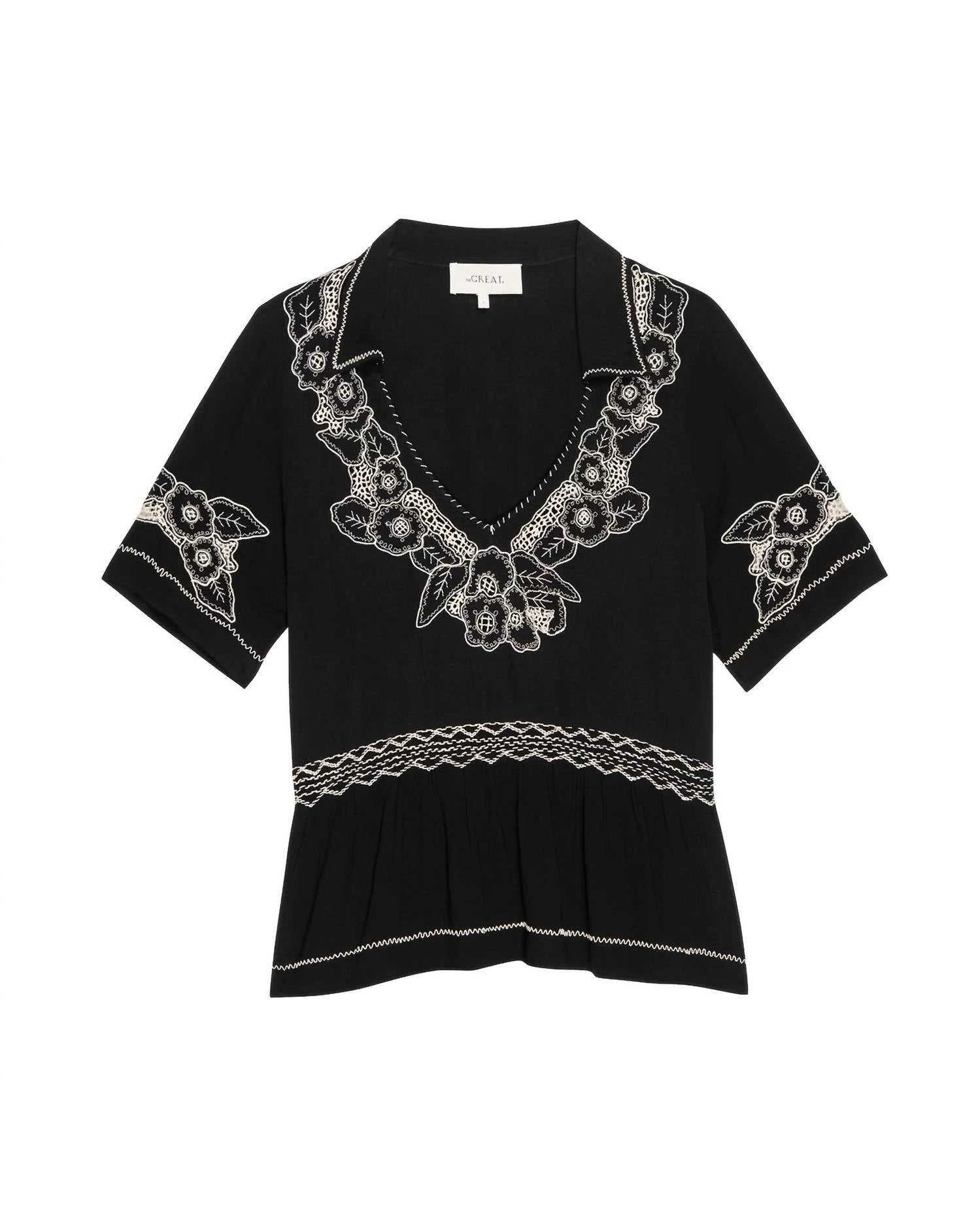 The Great. - Crest V Neck Short Sleeve Top - black - blouses - clothing