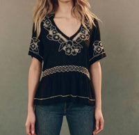 The Great. - Crest V Neck Short Sleeve Top - black - blouses - clothing