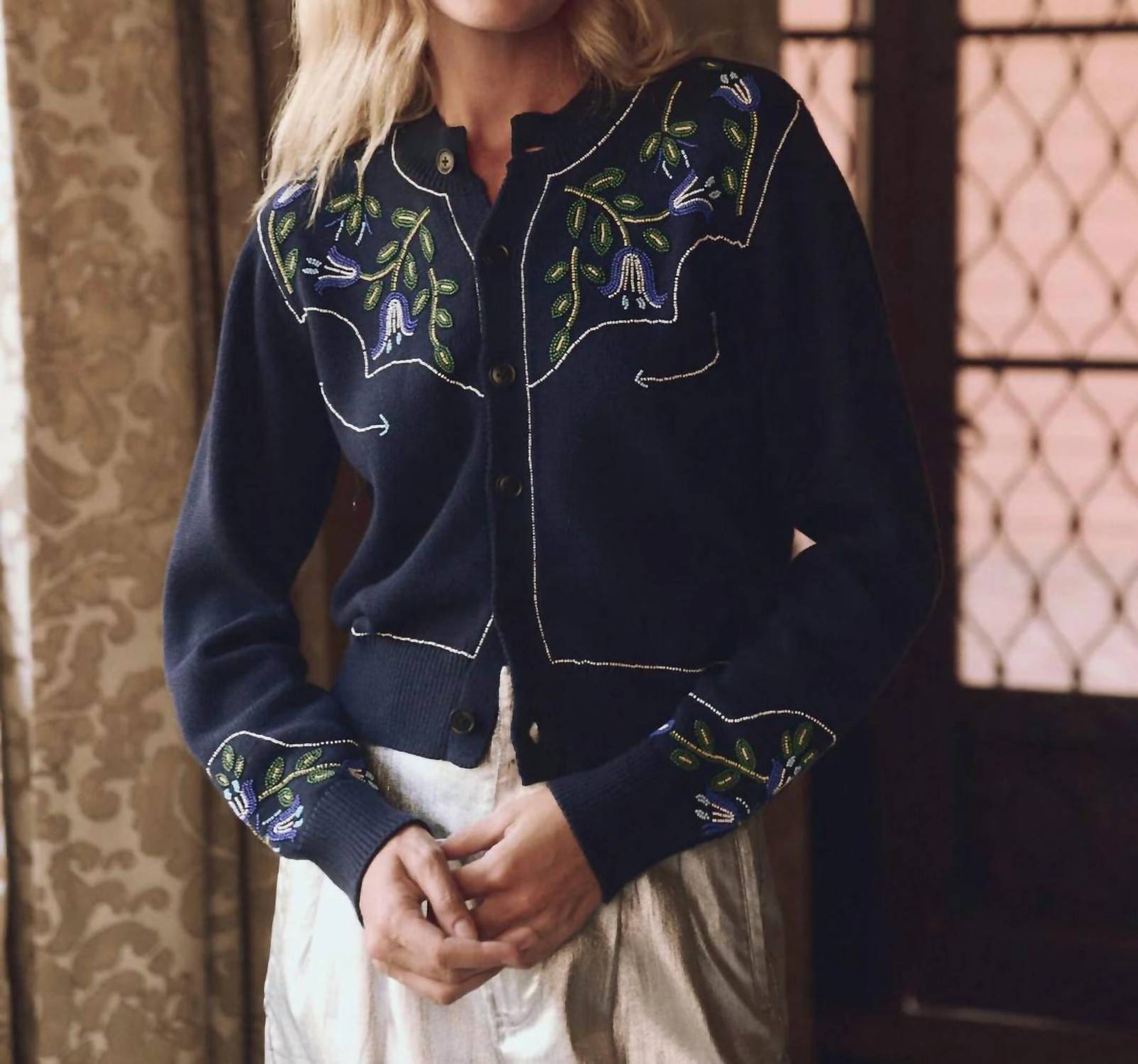 The Great. - Western Beaded Cardigan - blue - cardigans - clothing