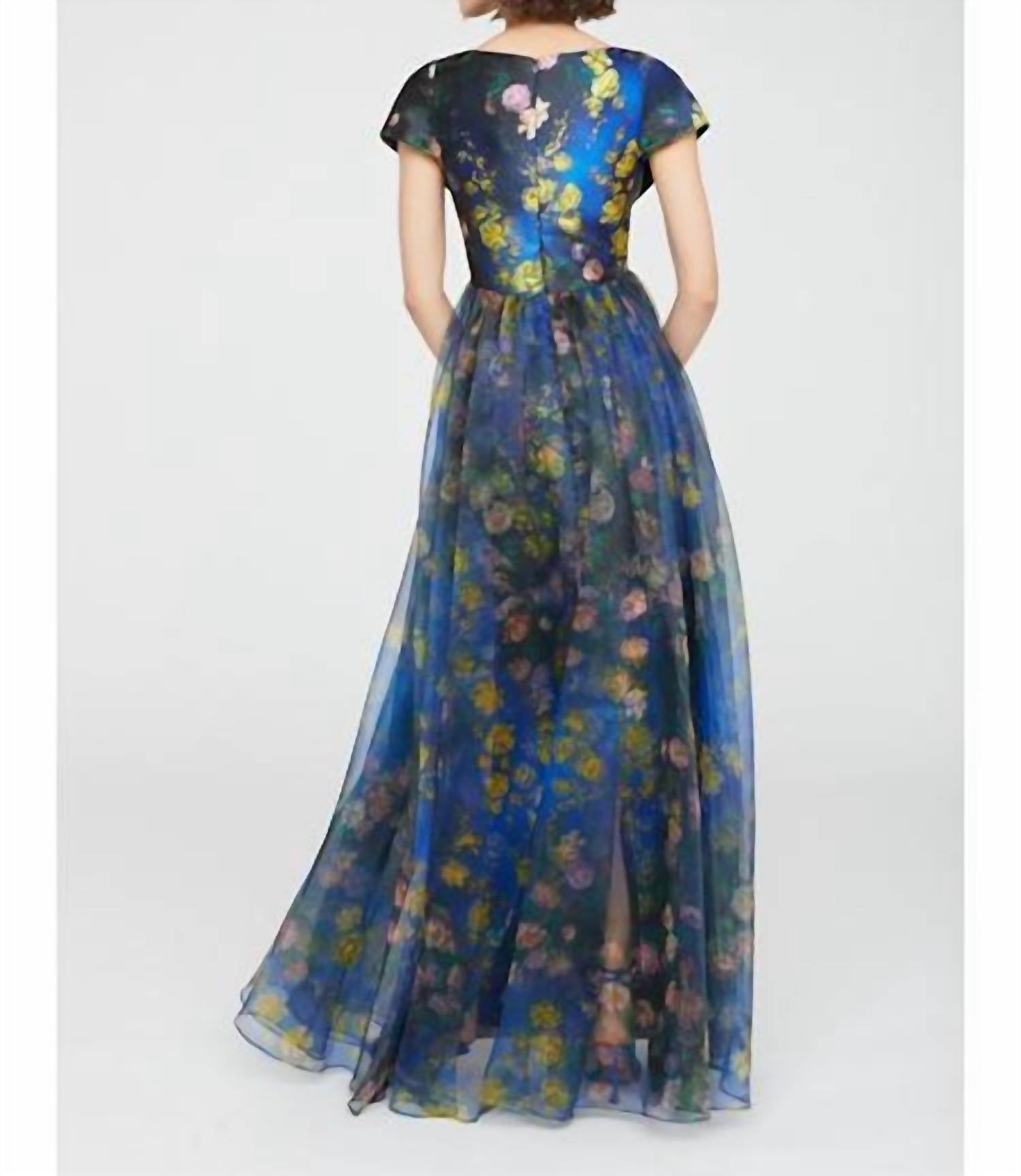 Theia - Nadia Draped V Gown - blue - clothing - dresses