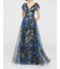 Theia - Nadia Draped V Gown - blue - clothing - dresses