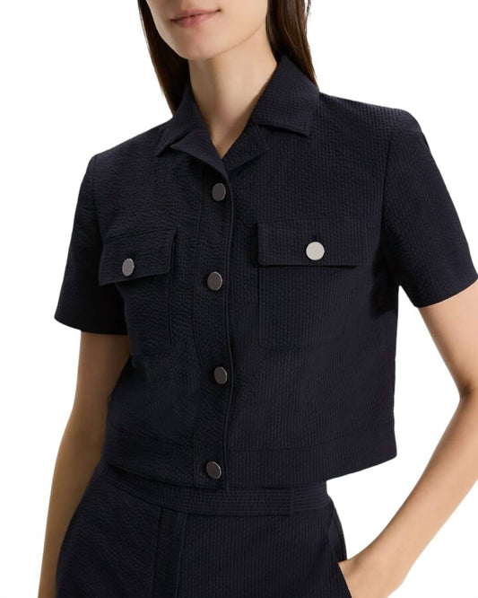 Theory - Seersucker Cropped Short Sleeve Jacket - blue - casual - jacket - clothing