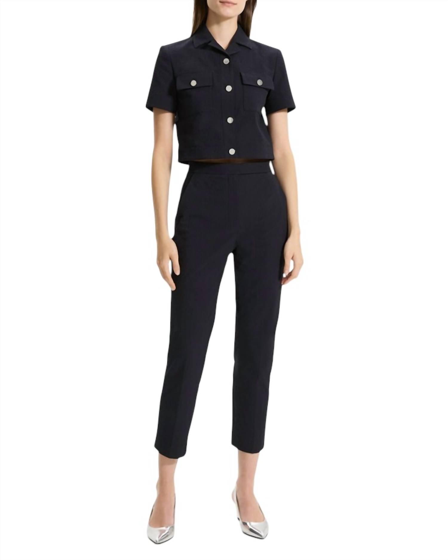 Theory - Seersucker Cropped Short Sleeve Jacket - blue - casual - jacket - clothing