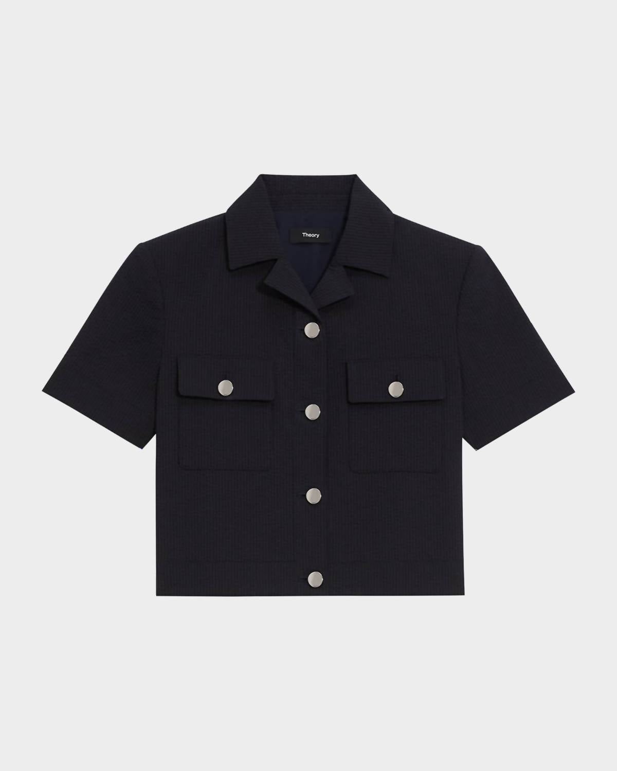 Theory - Seersucker Cropped Short Sleeve Jacket - blue - casual - jacket - clothing